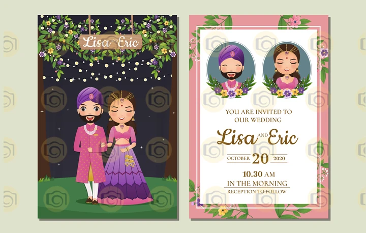 Indian Wedding Invitation Card Featuring A Cartoon Couple In Traditional Attire, Surrounded By Decorative Floral Elements
